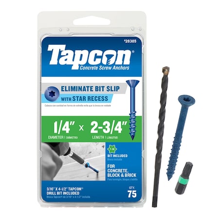 Tapcon Concrete Screw, 1/4" Dia., Climaseal Coated, Flat Head 75 PK 28385